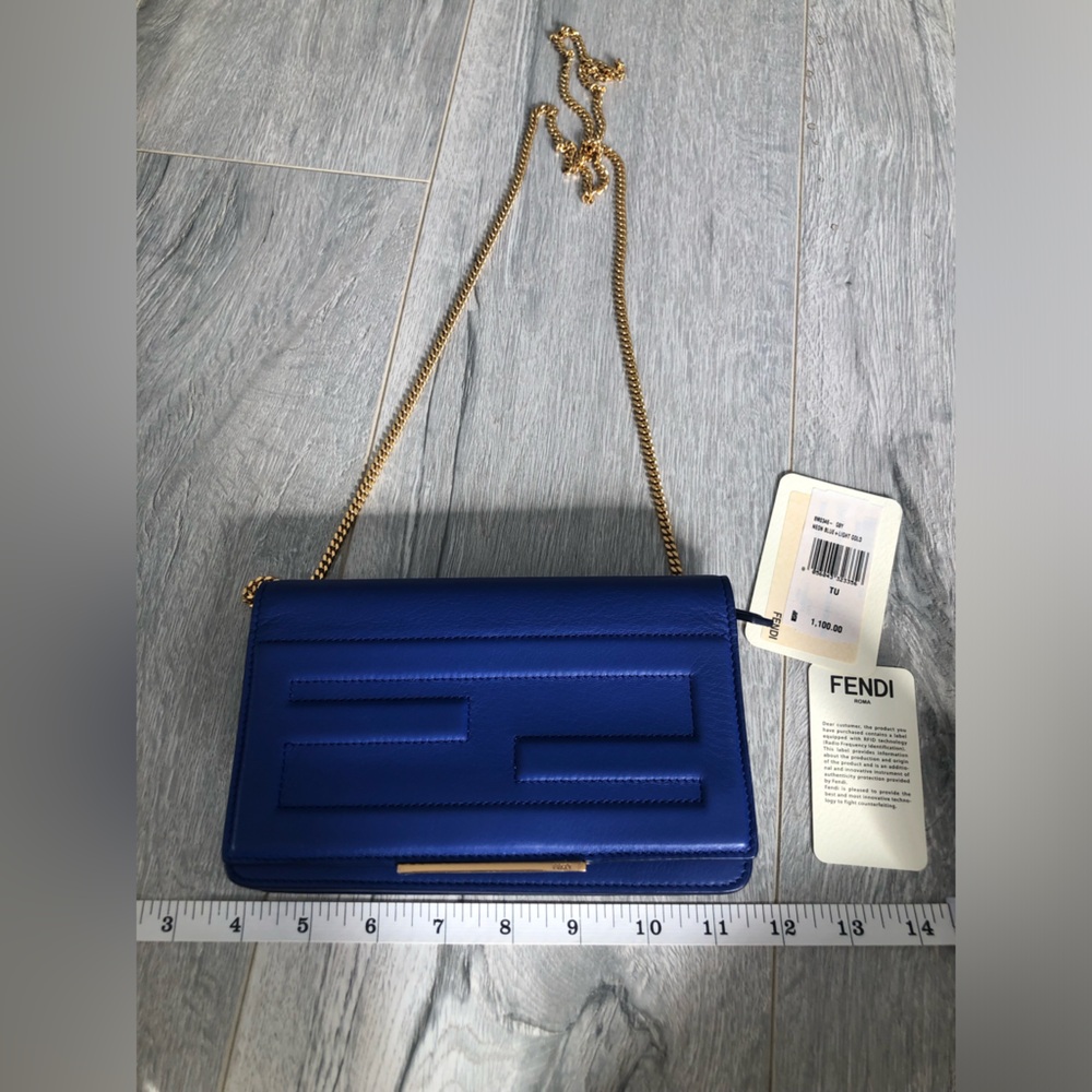 Authentic Fendi Royal Blue Leather Wallet with Gold Chain - Picture 10 of 14